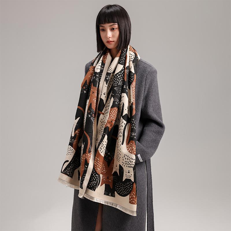 Cartoon Cat Contrasting Colors Double-Sided Imitation Cashmere Scarf Winter High-End Warm Shawl Women