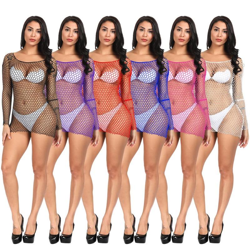 Sex underwear sexy sexy long-sleeved hip leakage skirt hollow mesh