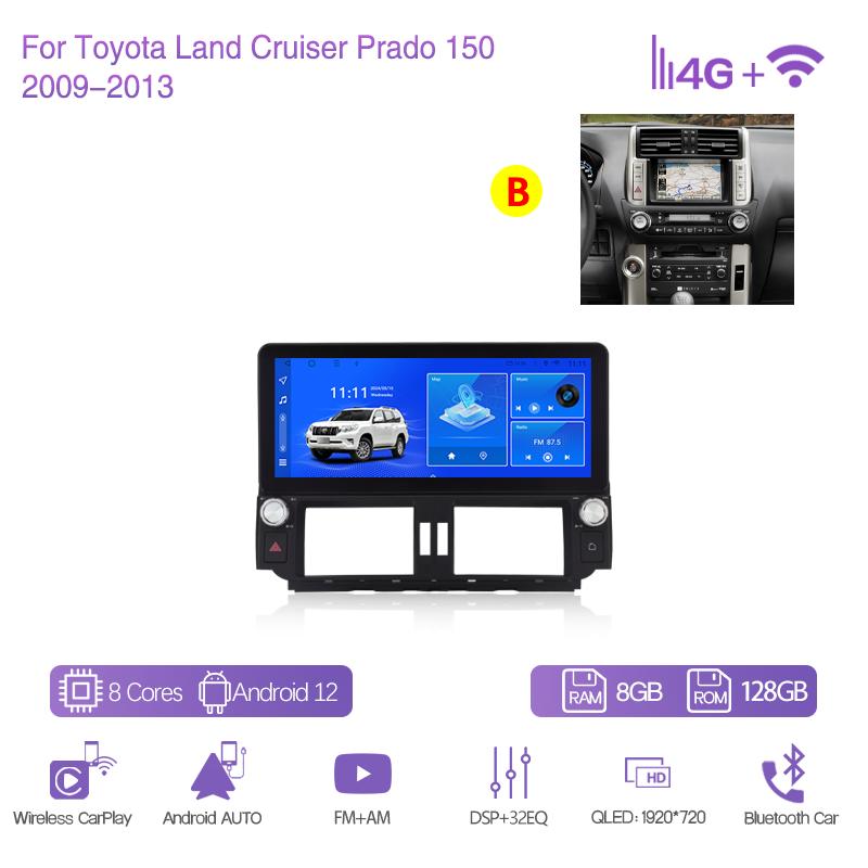 12.3 For Toyota Land Cruiser Prado 150 2009-2013 Car Multimedia Player GPS Navigation Radio Android12 8Core CarPlay 4G 360Camera