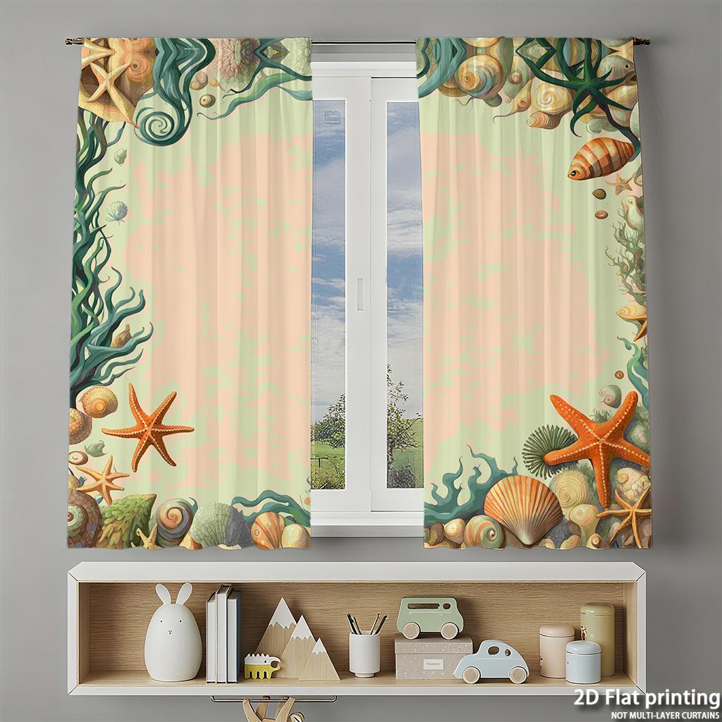 Piece Set High Definition Digital Printed Curtainsseafloor Themed Pastel Color Sea Creatures Border Patternhome Decoration Curtain Polyester