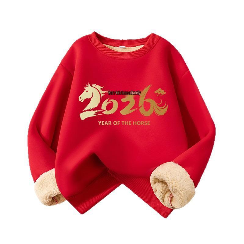 2026 Year of the Horse Red Fleece-Lined Sweatshirt for Kids - Warm, Thick, Round Neck Pullover