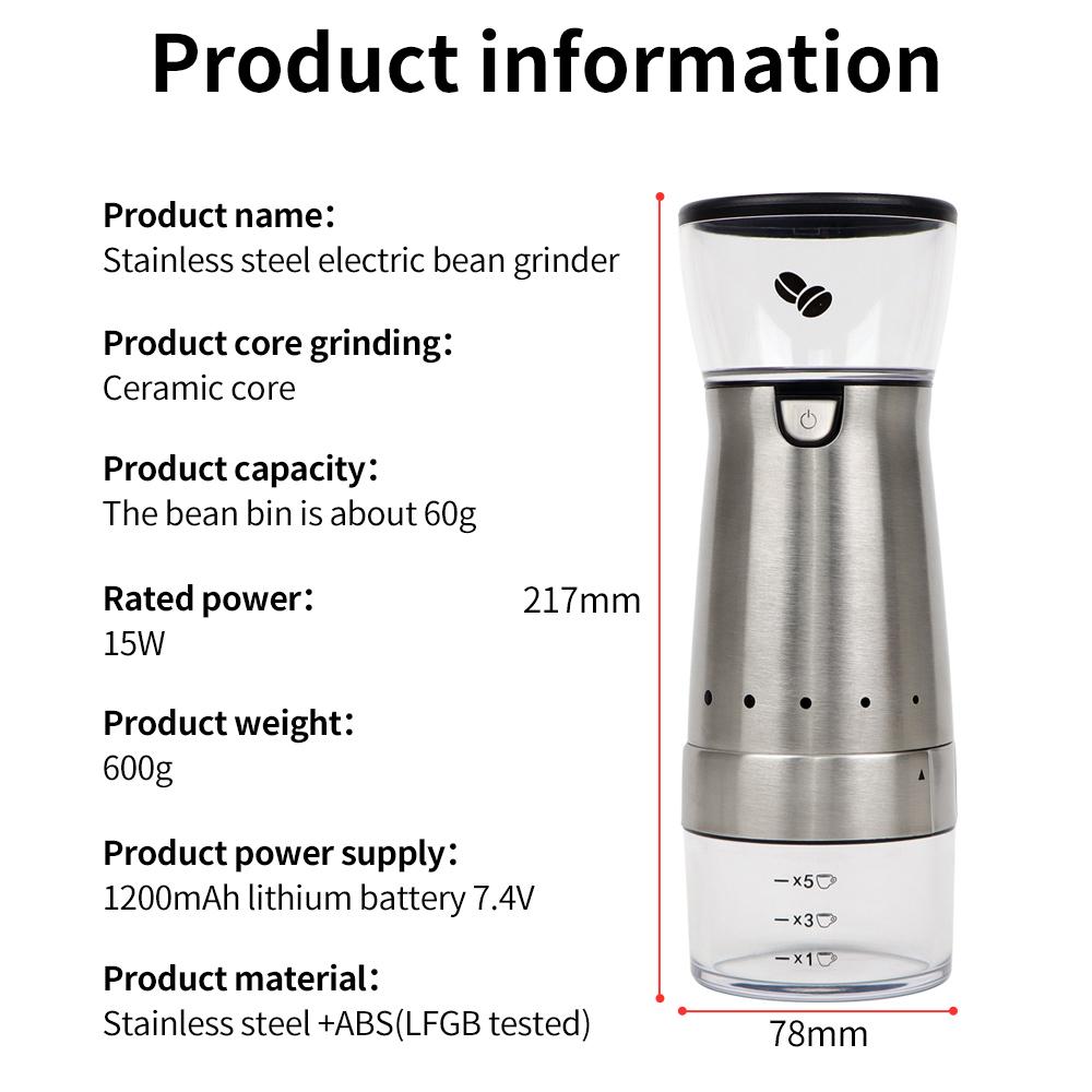 1200mAh Stainless Portable Electric Coffee Grinder Ceramic Grinding Coffee Beans Grinder USB Rechargeable Kitchen Smash Machine