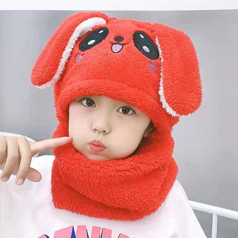 Winter Cartoon Rabbit Coral Velvet Cap Plush Balaclava Kids Caps Double Fleece Baby Scarf Hat Children