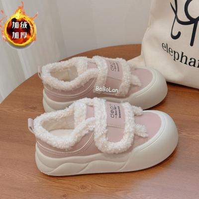 Chaussures en coton polaire Velcro modèle à semelle épaisse 22 nouvelle collection automne et hiver à poil court chaudes décontractées avec doublure intérieure