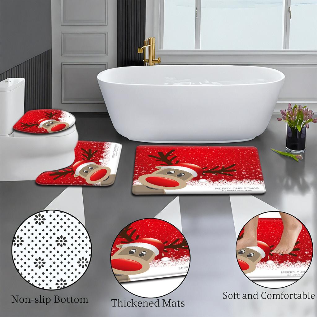 3pcs Christmas Red Background Snowflake Reindeer Pattern Bathroom Mat Set Toilet Seat Cover and Rug Bathroom Decoration Foot Mat