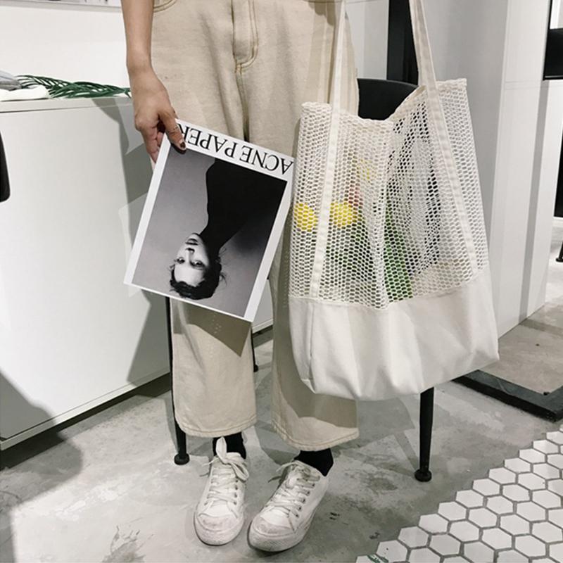 Women's Mesh Hollow Out Sandy Beach Package Large Capacity Shoping Shoulder Bag Canvas Female Tote Bags