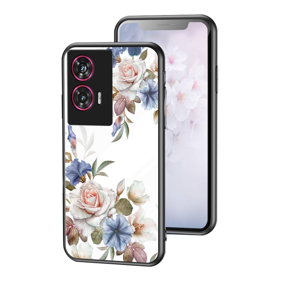 Floral Back Tempered Glass Case For Motorola Edge 60 Fusion 20 30 Ultra 40 Neo 50 Pro Moto G24 Power G04S G05 G15 E15 E14 G35 G85 5G Rose Flower Cover