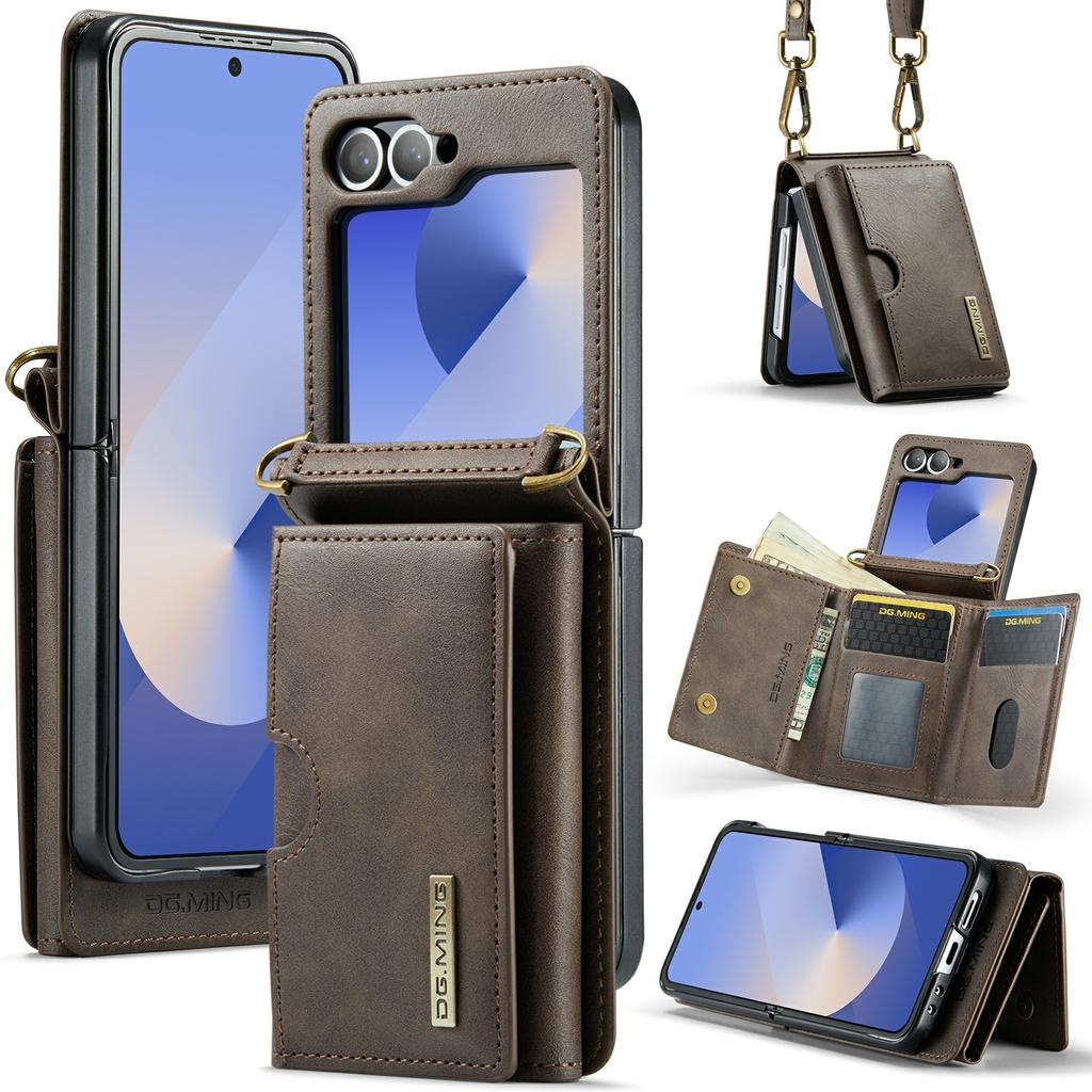DG.MING M6 Serie Für Samsung Galaxy Z Flip6 5G/Z Flip7 FE 5G Faltbare Hülle PU+PC Handyhülle mit Brieftasche/Schultergurt