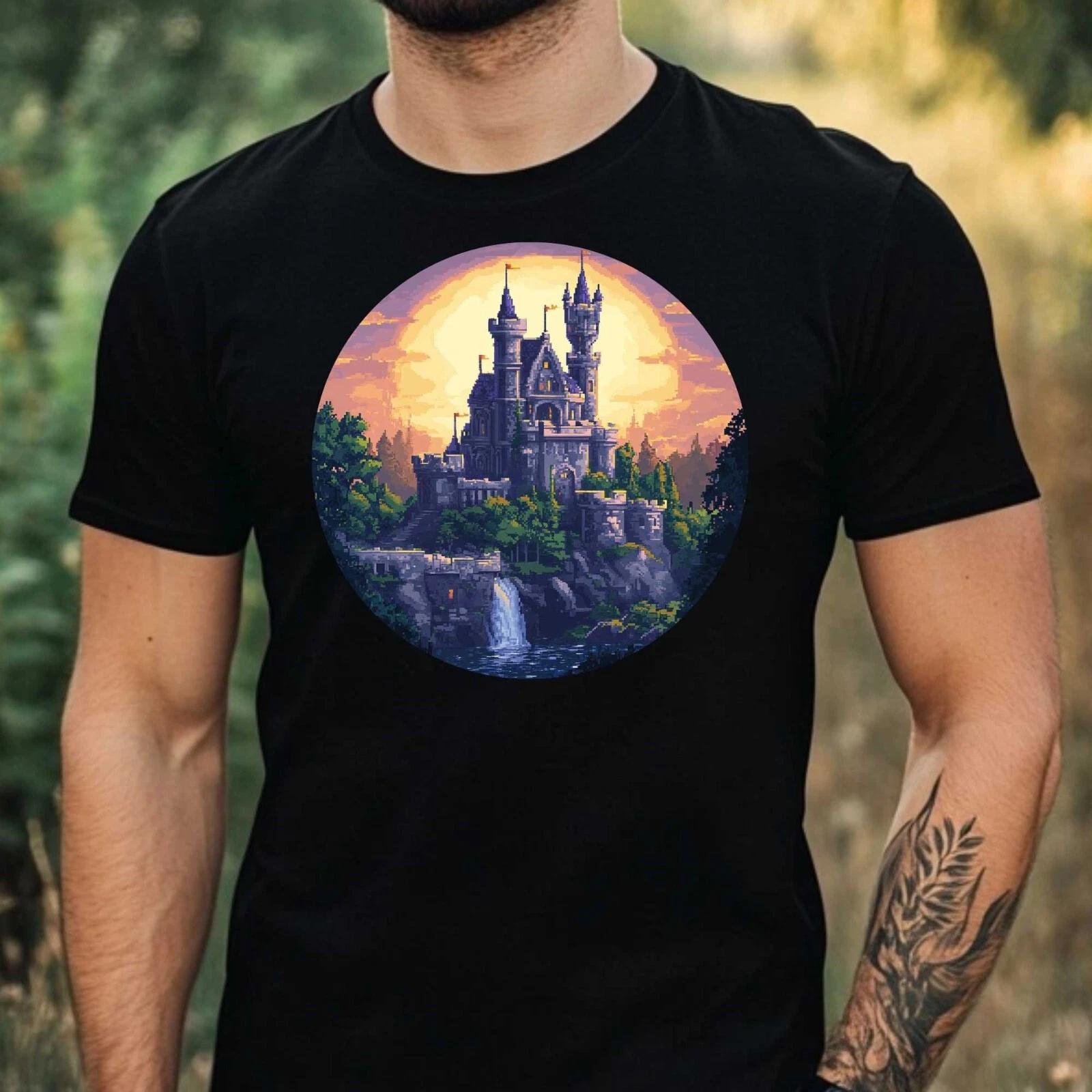 T-Shirt Herren Burg Pixel Art Motiv Baumwolle Größe XS bis 5XL XXXXL