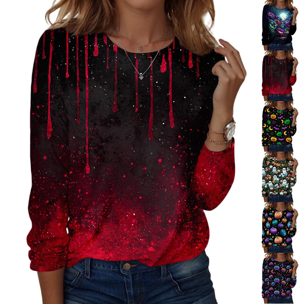 Women's Halloween Printed Pullover Sweatshirt Long Sleeve Crew Neck Top Casual Lightweight Soft Fabric Comfortable Fit