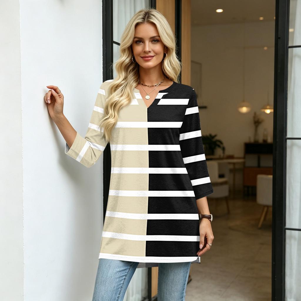 Damen V-Ausschnitt 3/4 Ärmel Pullover Tunika Oberteil mit Streifenmuster Lockerer Schnitt Lässige Mittellange Bluse für den täglichen Gebrauch