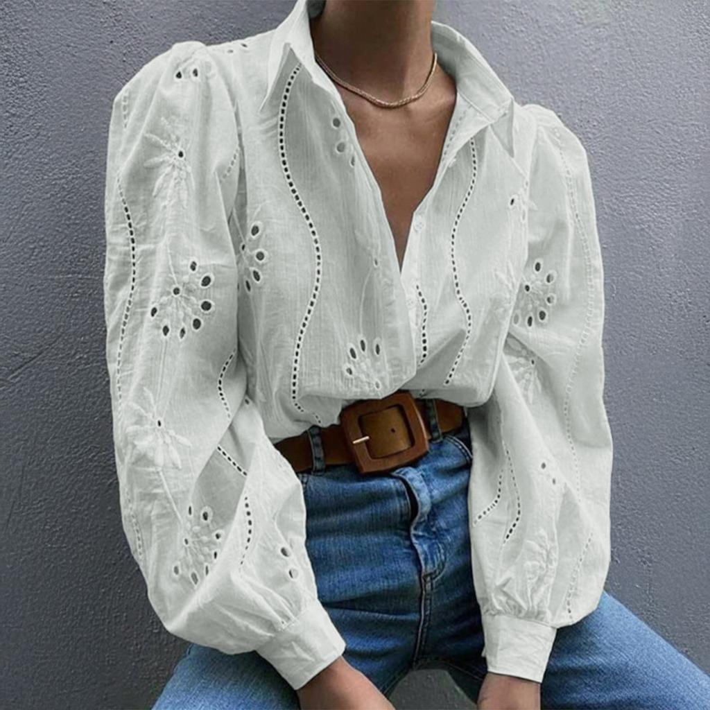 Women Fashion Crochet Lace Shirts Long Puff Sleeve Casual Flower Embroidery Buttons Down Blouse Tops Office Lady