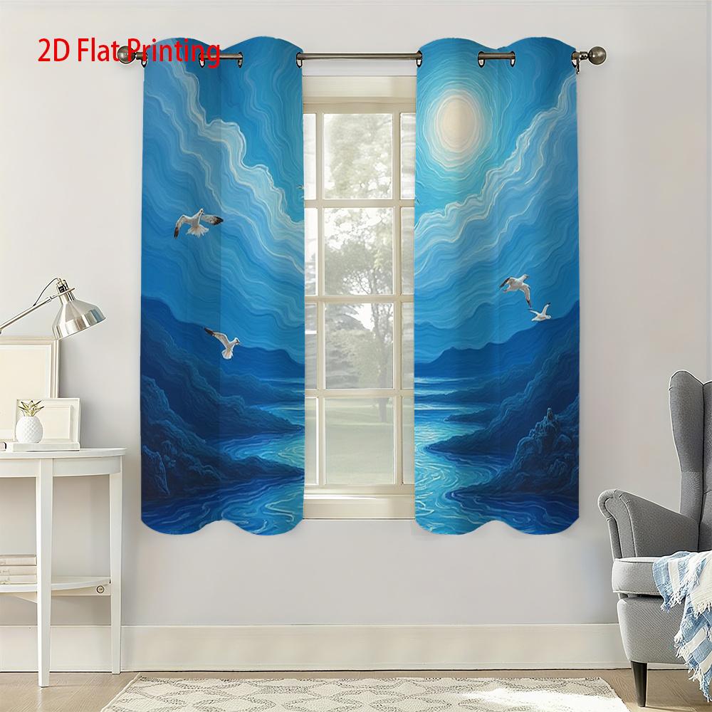 2pcs Blue Night Sky Curtains with Moon & Seagulls Design - Semi-Transparent Polyester   Machine Washable   Grommet Top for Easy