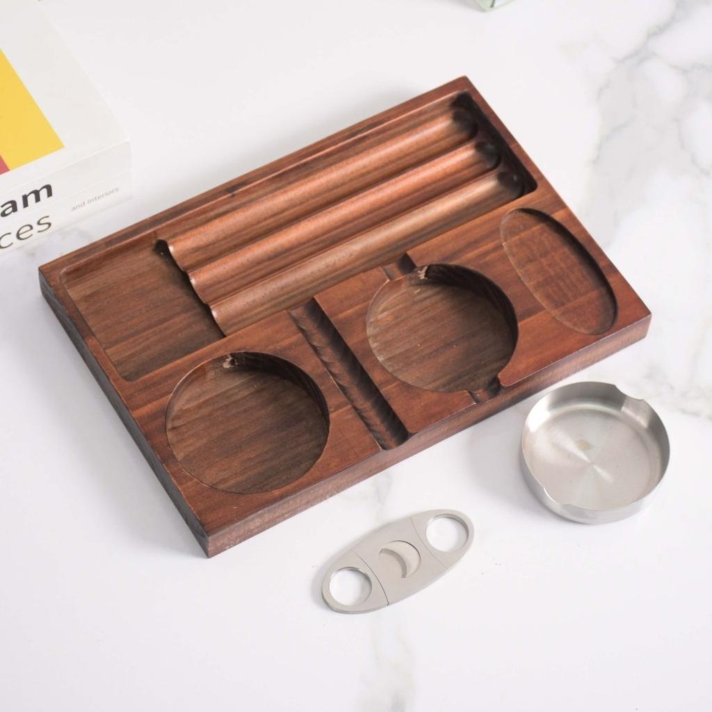 Luxury Wooden Cigar Ashtray Set with Cutter and Whiskey Glass Holder, Portable Walnut Cigar Tray for Men, Father's Day Gift