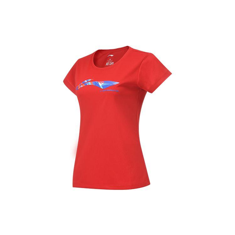 Li Ning Badminton Series Creative Logo Printed Round Neck Pullover Short Sleeve T-Shirt Women Tops Bull-Red AHSR788-3