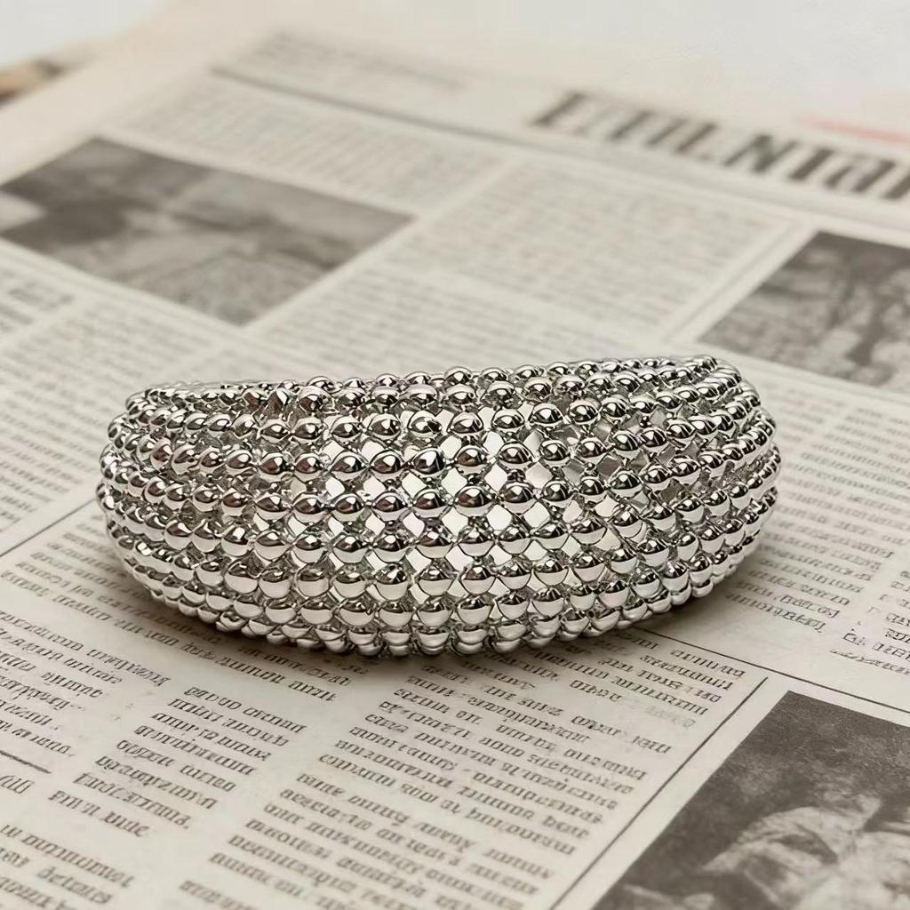 European Two-Tone Gold & Silver Wide Metal Bracelet for Women, Bean Texture, Open Cuff, Niche High-End Feel