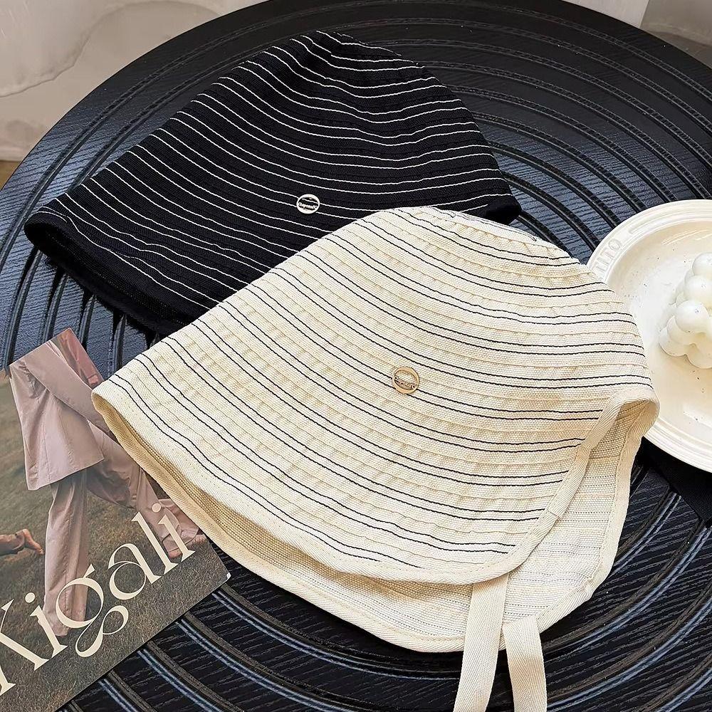 Ribbon Women Striped Fisherman Hat Wide Brim Bucket Hat Casual Summer Sun Hat Hiking