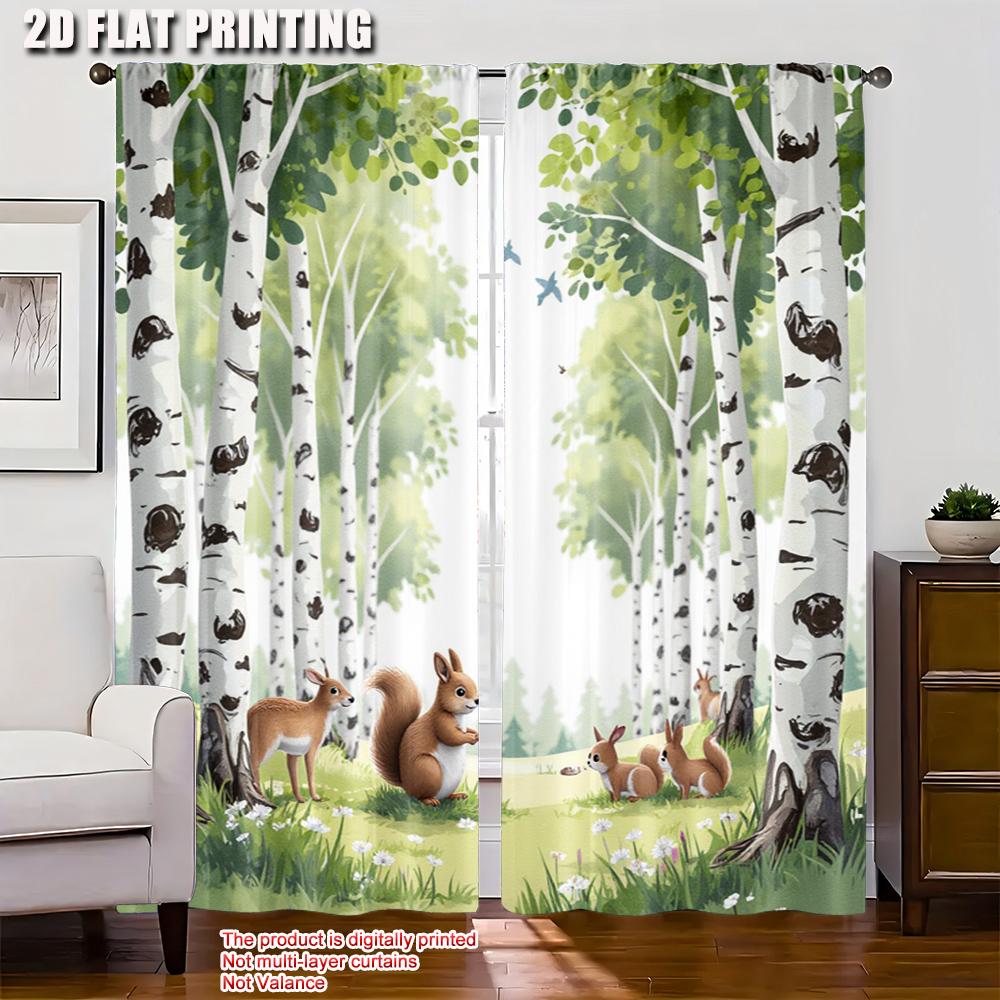 Set Of 2 Flat Printing Scene Curtains Birch Forest Polyester Without Electricity Festive Use Holiday Parties Home Curtain Made
