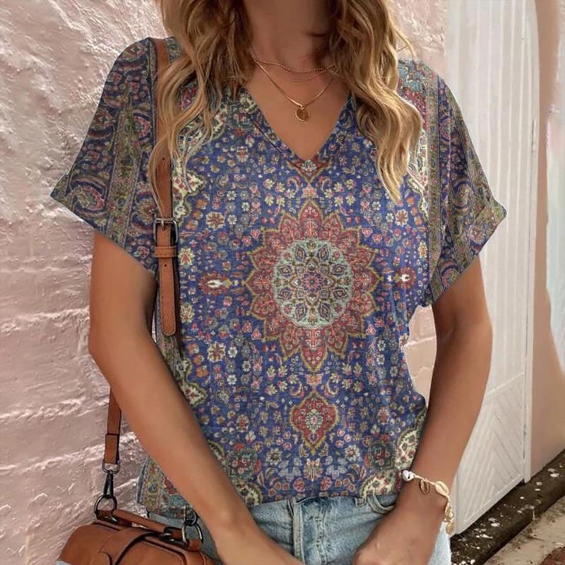 Casual Bohemian Print Women's Short Sleeve V-Neck Top T-Shirt