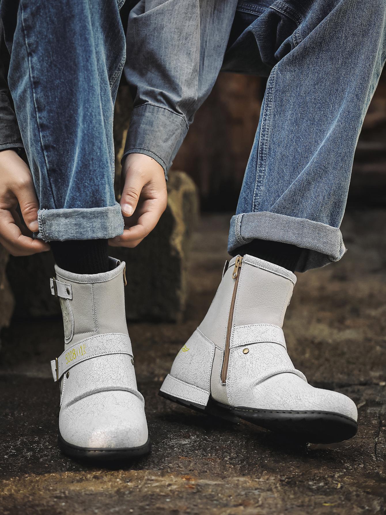 

Fashion Men s High Top Cracked Leather Motorcycle Boots Side Zipper Metal Decor Retro Knight Boots Waterproof Anti-Slip Autumn 2025 New 39 белый