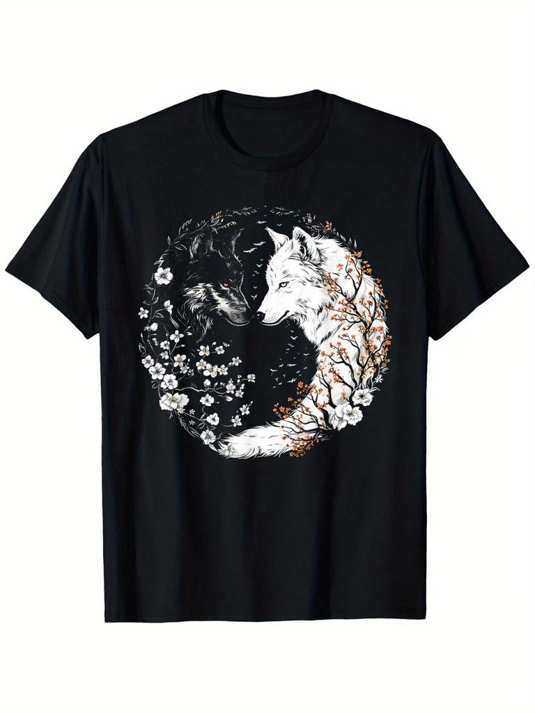 Men'S Yin Yang Wolf & Cherry Blossom Graphic T-Shirt - 100% Relaxed Fit Casual T