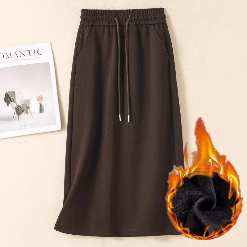 Women's Autumn/Winter Fleece-Lined or Regular Midi Skirt Sweatshirt Dress, Plus Size, Elastic Waist with Drawstring