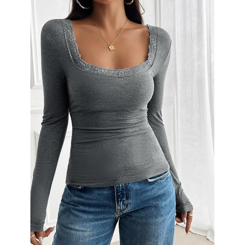 Spring/Summer Solid Color Top for Women Casual Slim Fit Ribbed U-Neck Lace Long-Sleeve T-Shirt