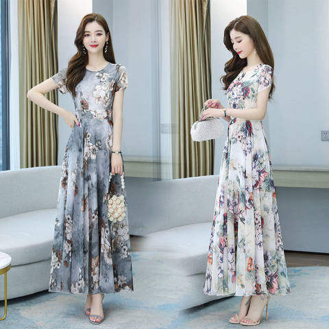 New women's short-sleeved printed imitation ice silk dress French retro women's elegant beach long skirt