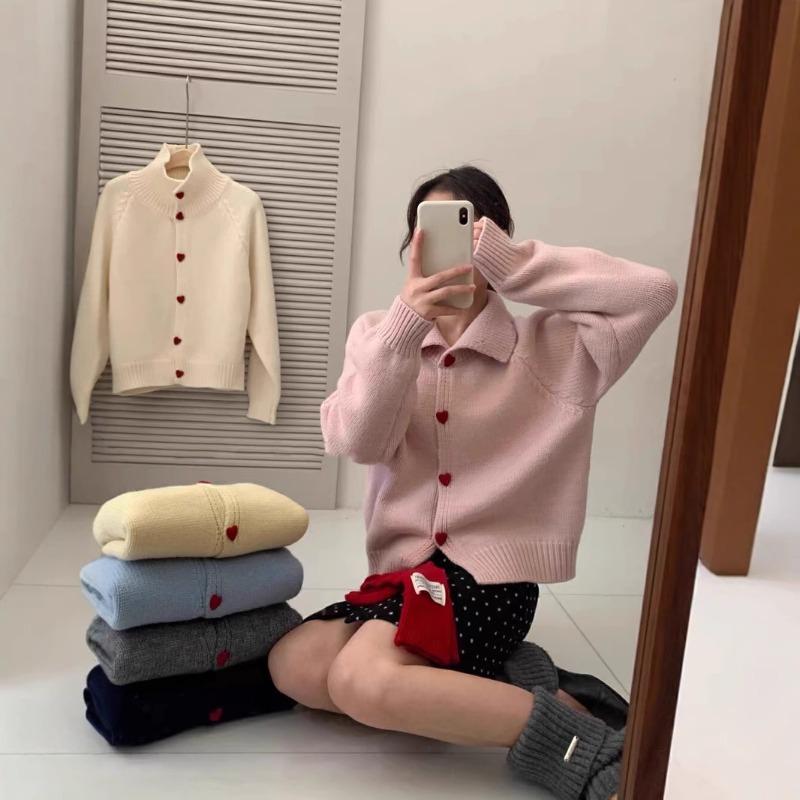 Spring new love buckle design sense knitted cardigan loose soft waxy temperament sweater jacket women