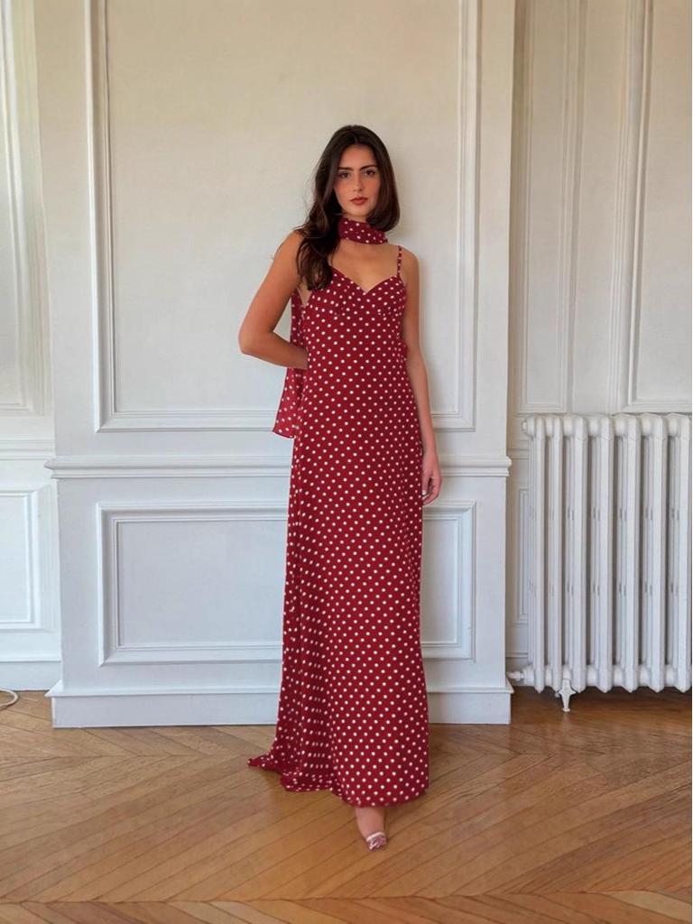 2026 European Summer Women's Polka Dot V-Neck Spaghetti Strap Backless Dress