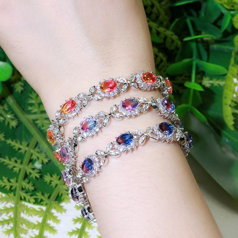 WWJ Rainbow Mystical Cubic Zirconia Leaf Design Tennis Bracelet for Women