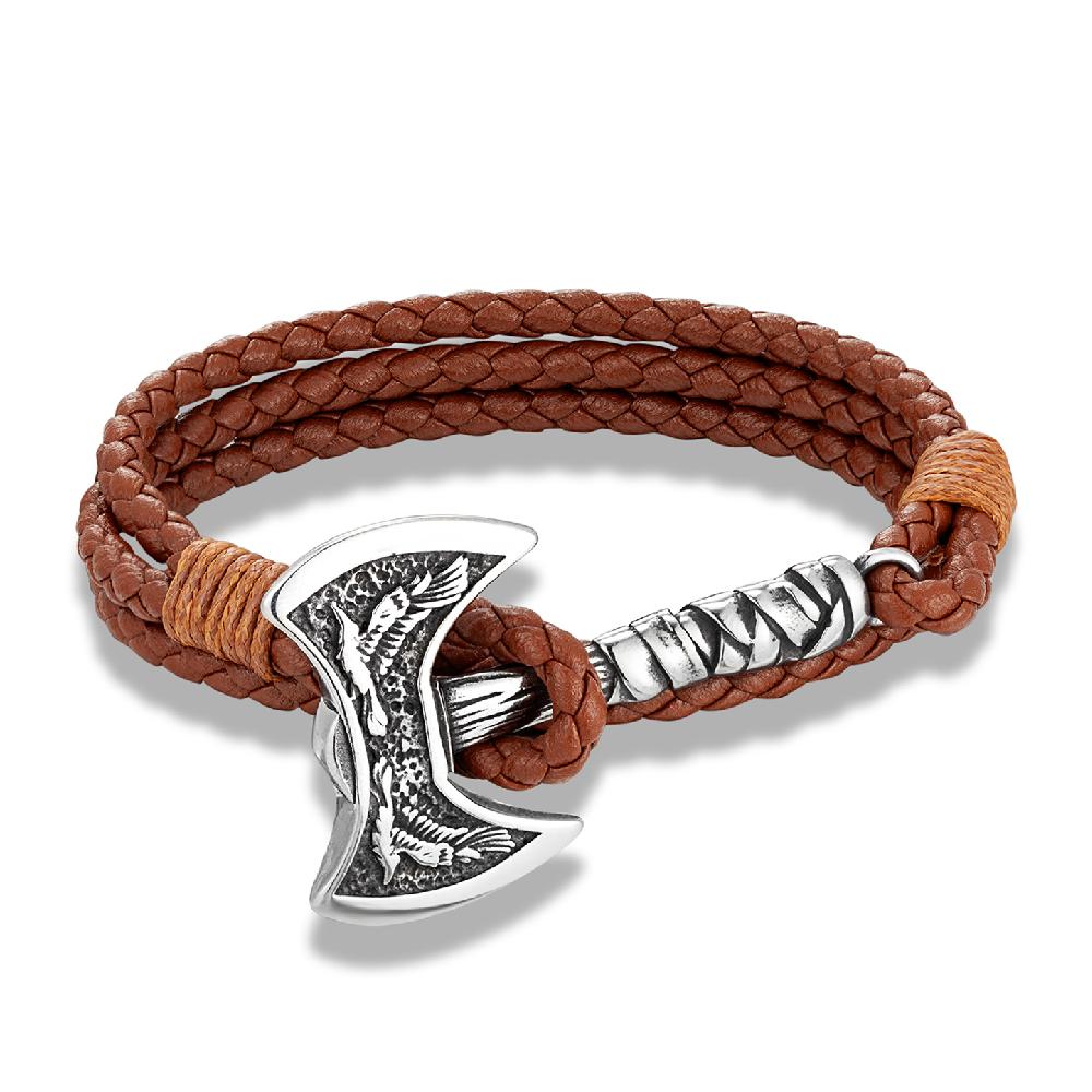 Norse Hatchet Leather Bracelets Men Vikings Axe Wristband Stainless Steel Raven Amulet Handmade Jewelry Self-defense