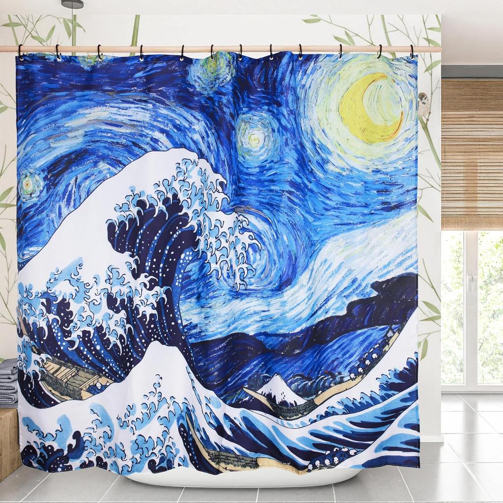 Cool Japanese Asian Art Modern Blue Anime Ocean The Great Waves Kanagawa of Hokusai Aesthetic Waterproof Curtain with Hooks,