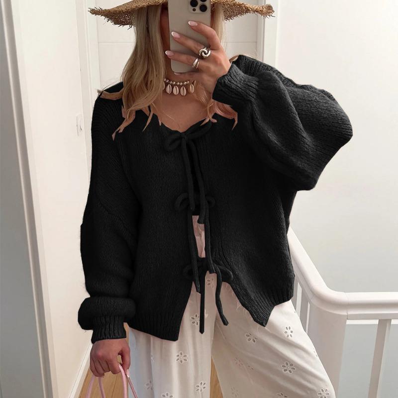 Autumn and winter women's new sweater loose lace-up cardigan knitted bow top coat
