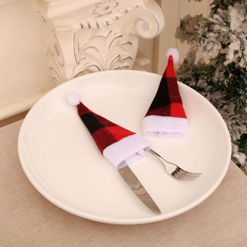 10Pcs Pulled Flannel Christmas Hat Cutlery Cover Cartoon Christmas Hat Fork Cutlery Bag Home