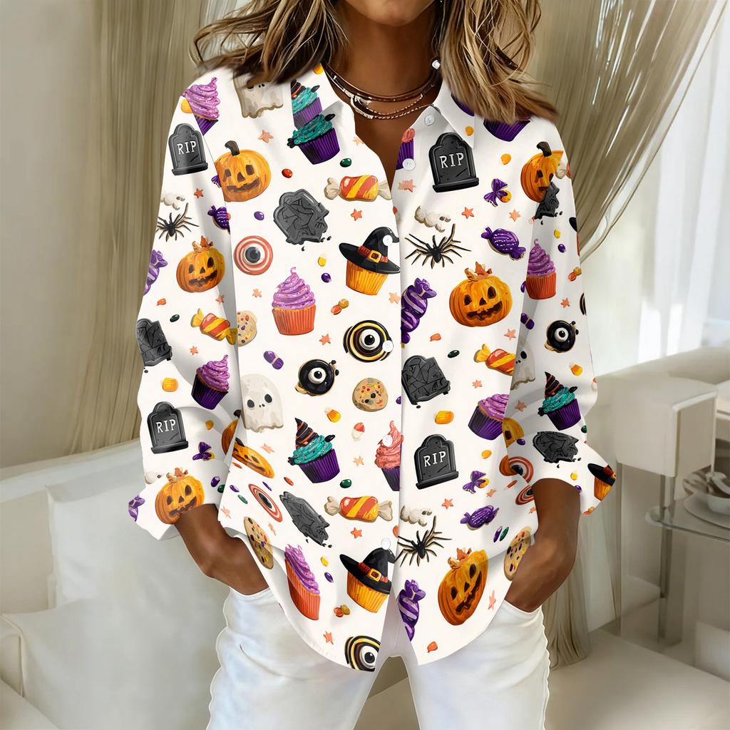 Women Button Down Shirt Halloween Pumpkin Print Turn Down Collar Long Sleeve Casual Fit Blouse Top for Daily Wear