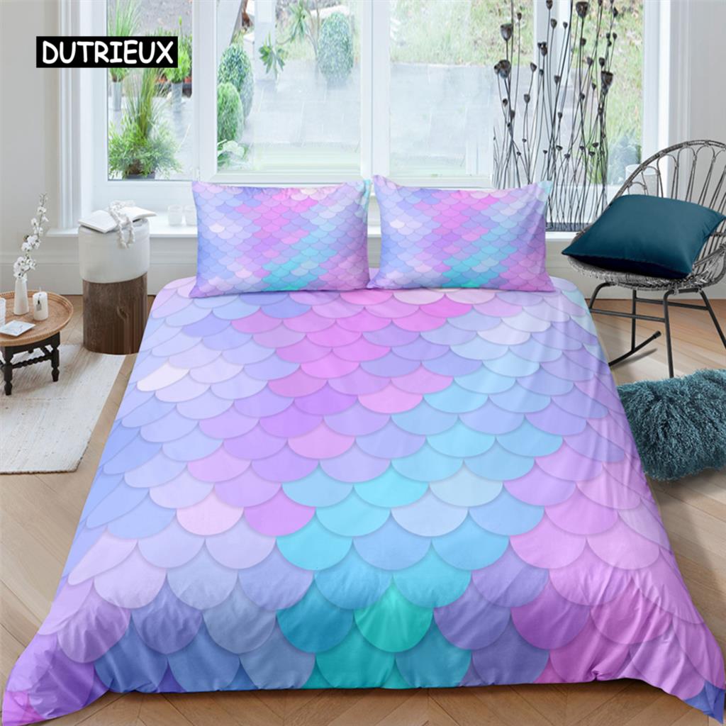 Fish Scales Duvet Cover Set Bedding Set Colorful Mermaid Scale Quilt Cover Pillowcase Queen Size Girls 2/3pcs Comforter Cover