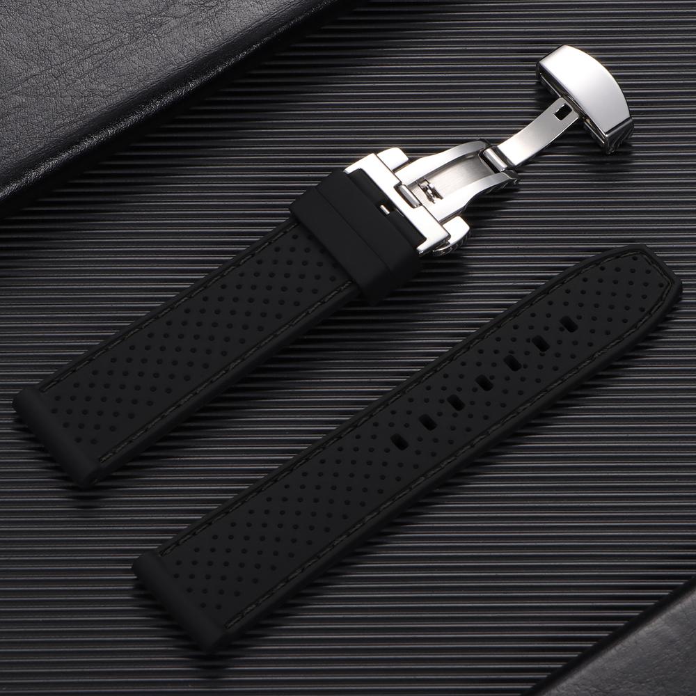 20mm 22mm Silicone Strap Waterproof Soft Rubber Watch Band Breathable Bracelet Universal Replacement Wristband Butterfly Buckle