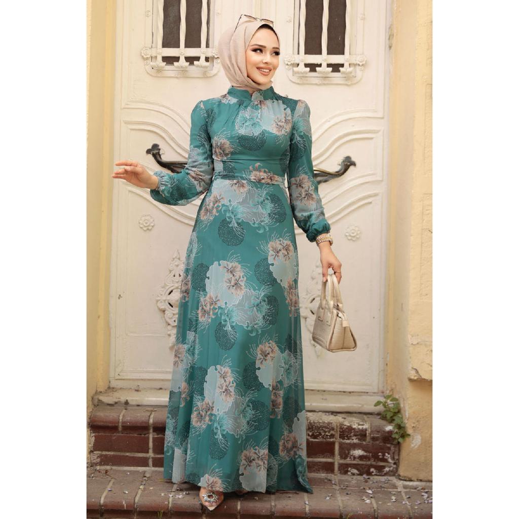 - Flower Patterned Green Hijab Dress 279323cy