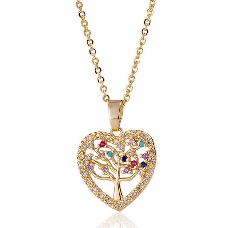 Colorful Zircon Hollow Heart Shape Tree of Life Pendant Necklace with Tassel Design Women's Jewelry