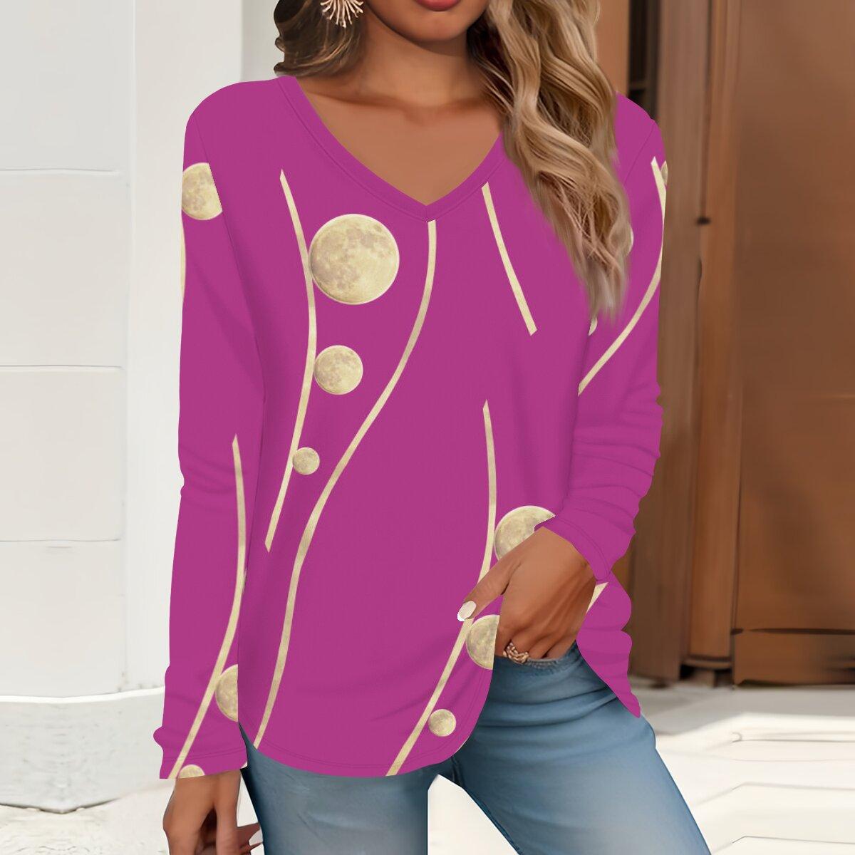 

2023 весна и осень новая мода с длинным рукавом повседневная футболка с v-образным вырезом и принтом