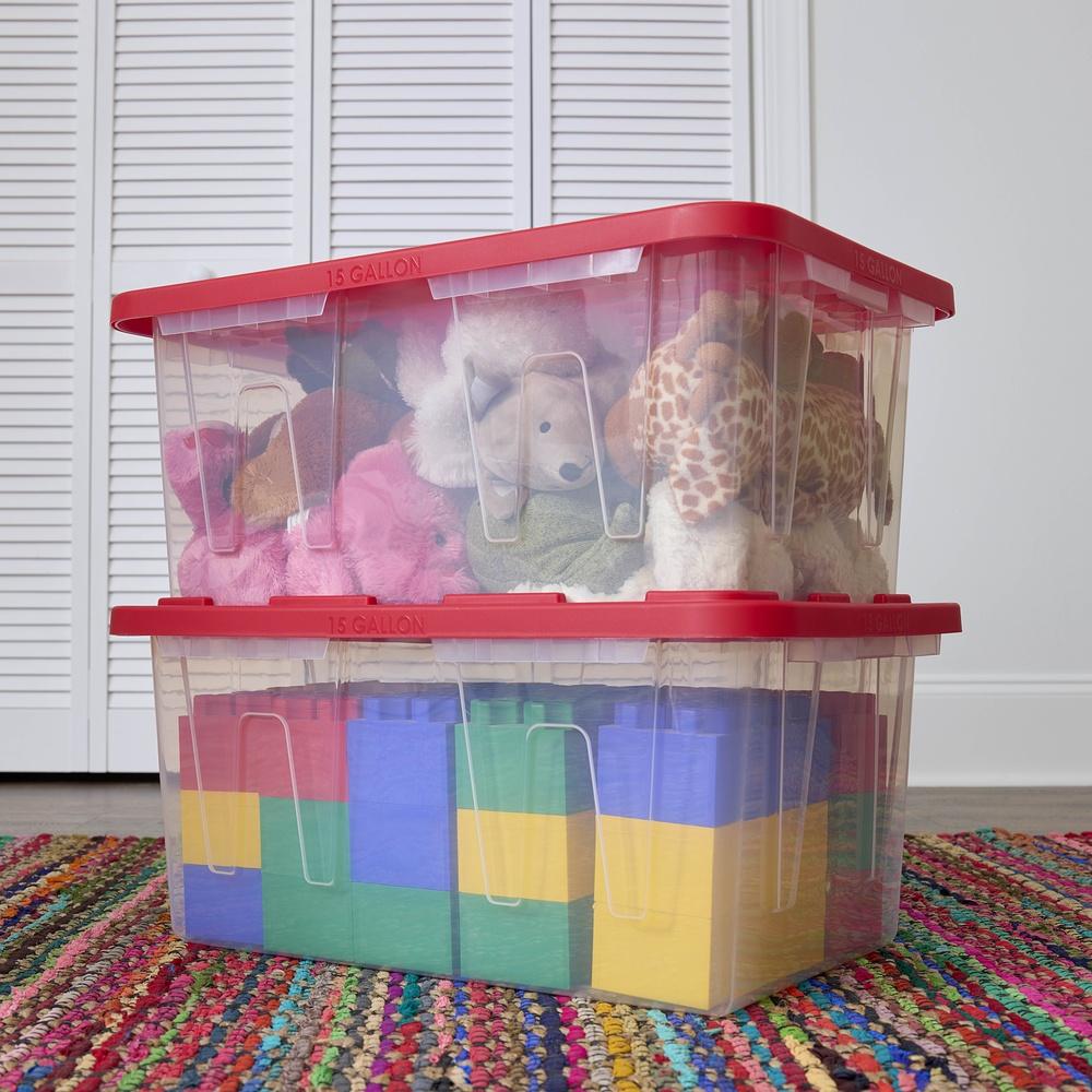 15 Gallon Clear Storage Bin with Red Snap Lid Stackable Plastic Container Easy Organization Garage Home Toy Keepsake Storage
