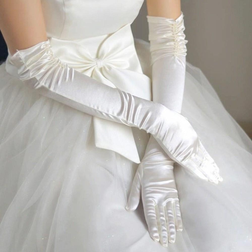 Solid Color Wedding Gloves Beaded Long Bridal Gloves Satin Dress Gloves Wedding