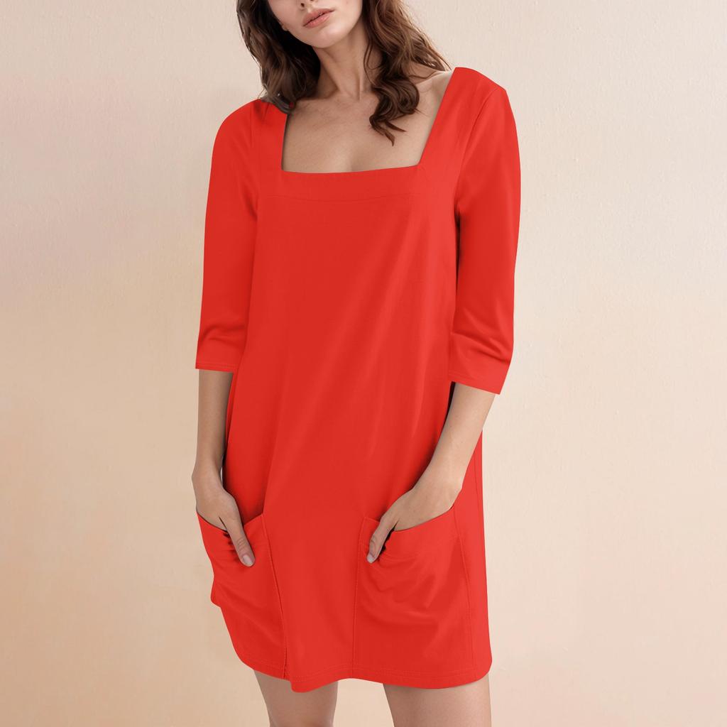 Women's Fashion Casual Solid Color Square Neck 3/4 Sleeve Short Dress