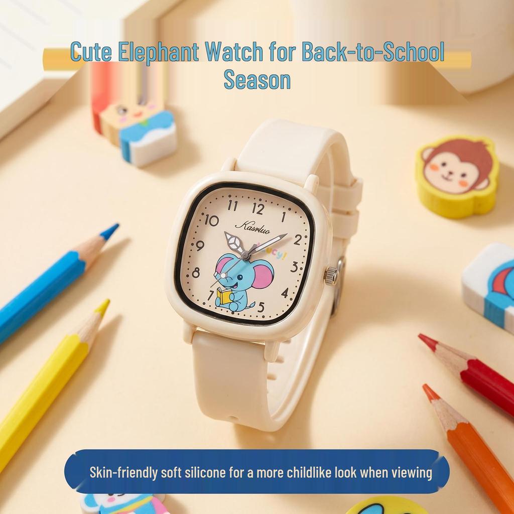 Cream-Colored Children's Watch: INS Style, Cute Cartoon Elephant Design, Silent for Exams, Ideal for Primary & Secondary Students.
