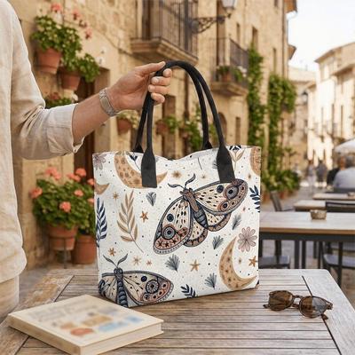 Boho Moth Print Tote Bag Casual Large Capacity Shoulder Handbag for Daily Use