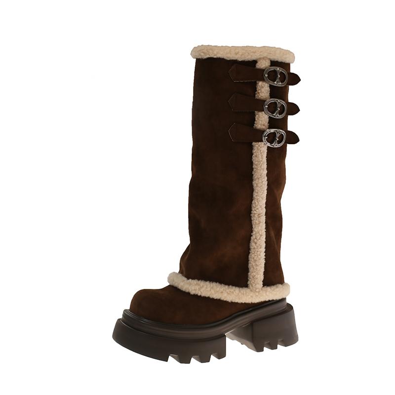 High Snow Boots Winter New Round Toe Scrub Fleece Metal Buckle Platform Non-slip Block Heel Cotton Shoes