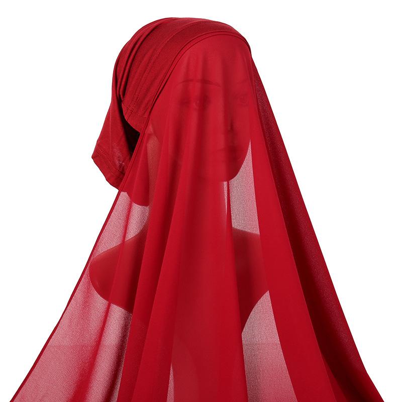 Bubblig Tung Chiffong Hijab Med Hätta Elastisk Snöre Fri Användning Stil Hijabs Enfärgad Sjal För Muslimer Håltagningfri Turban