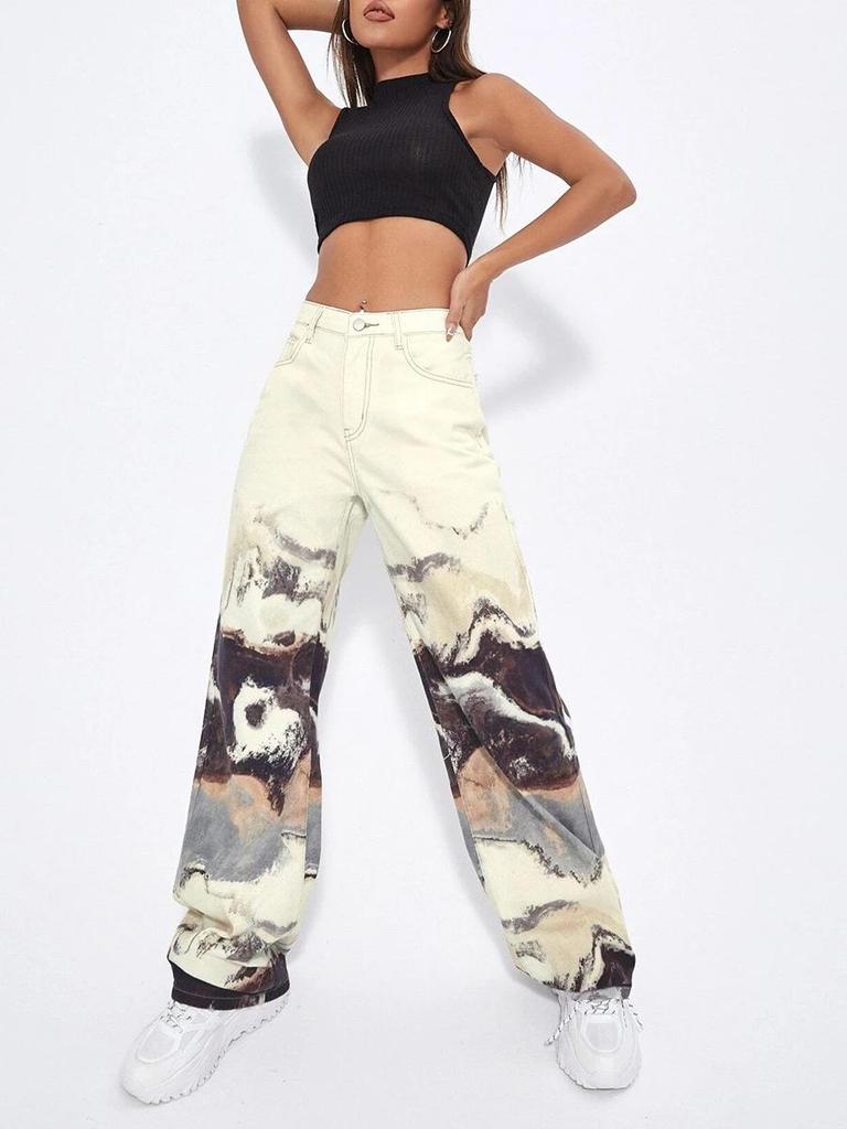 Pantalon en denim droit patchwork taille haute pour femme, effet dégradé – Collection Automne 2025