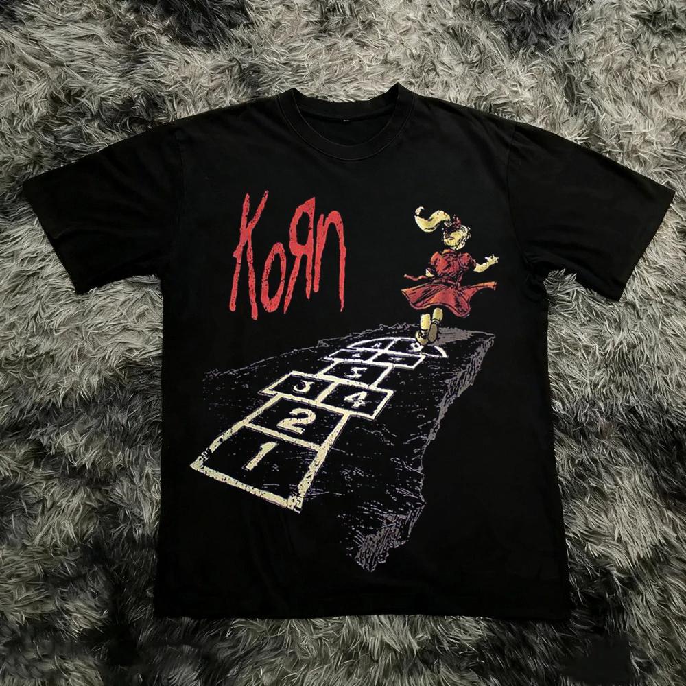 T-shirt in Cotone Stampata Korn Follow The Leader Double-Sided Metal Band Tee Top Oversize per Coppia Uomo e Donna